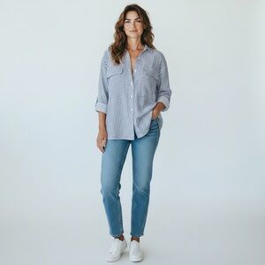 Zara Blue & White Striped Button Down Shirt Medium